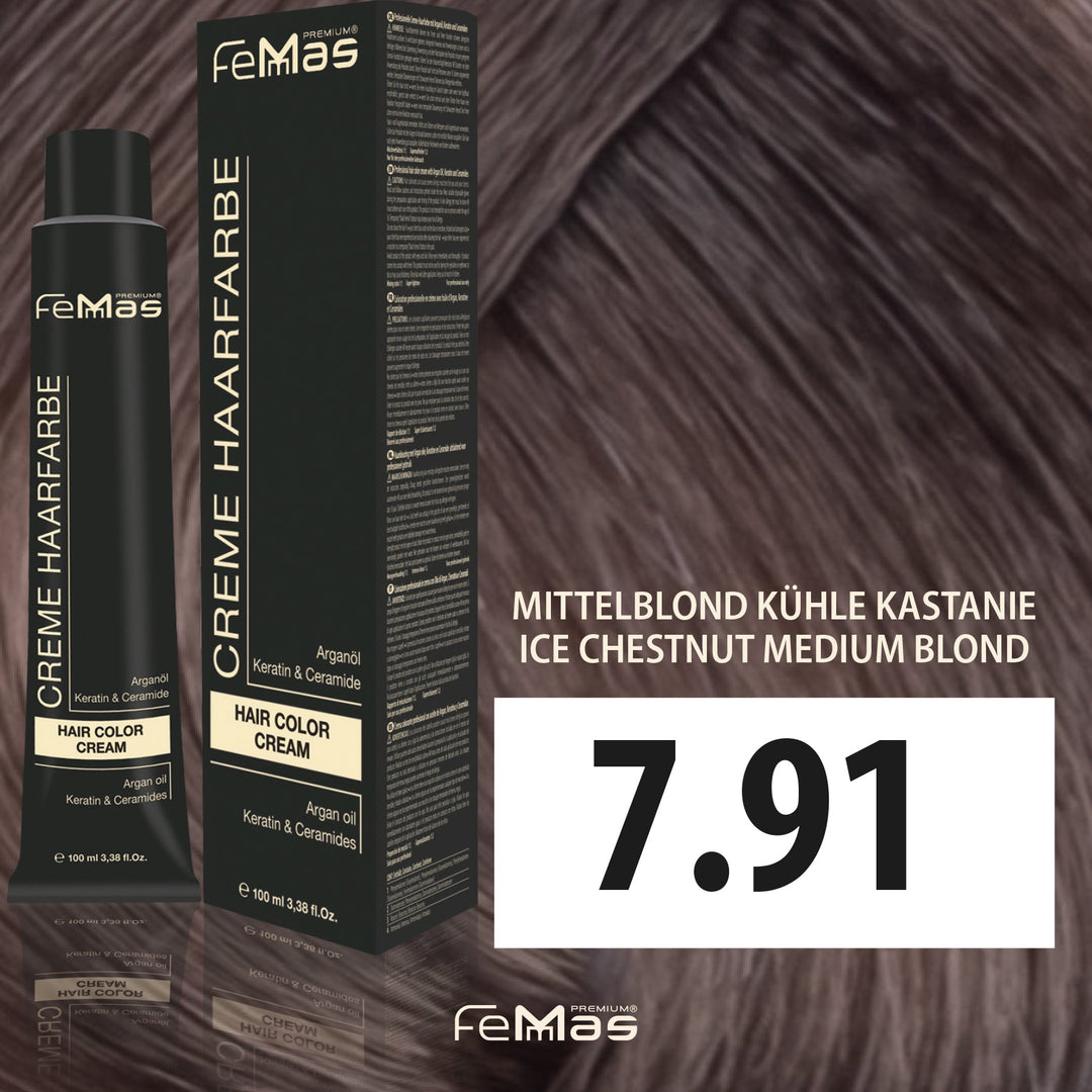 FemMas Haarfarbe 100 ml - Mittelblond Kühle Kastanie (Farbcode: 7.91)