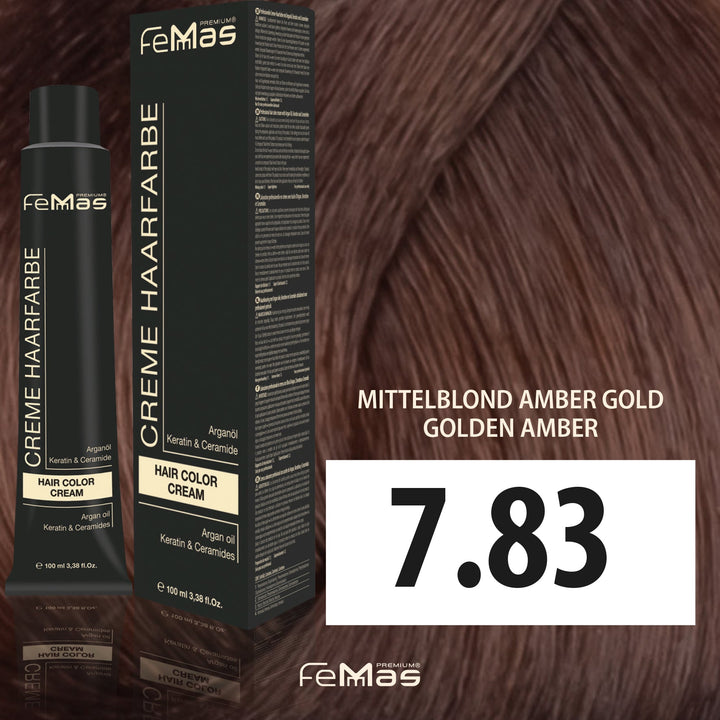 FemMas Haarfarbe 100 ml - Mittelblond Amber Gold (Farbcode: 7.83)