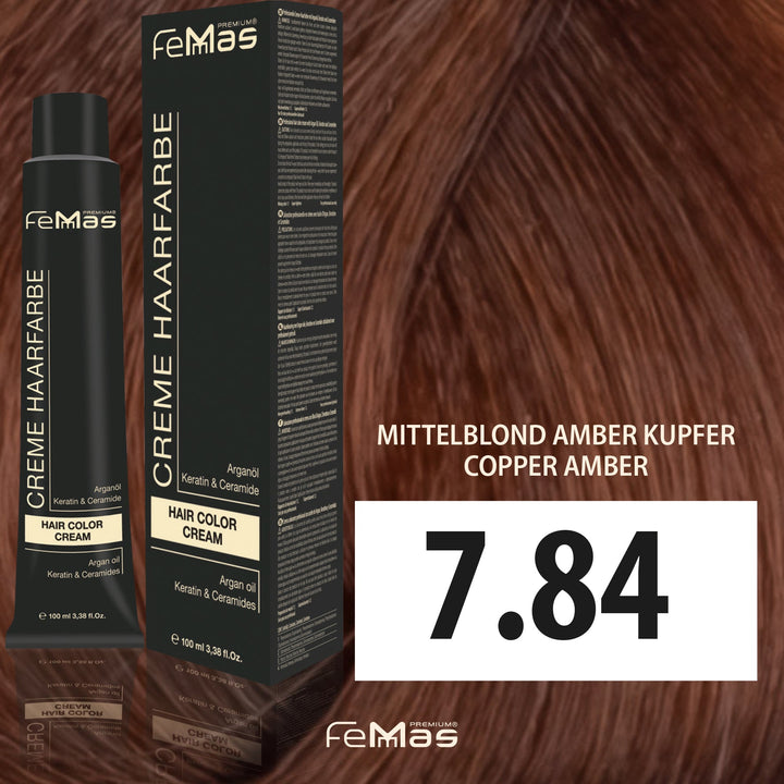 FemMas Haarfarbe 100 ml - Mittelblond Amber Kupfer (Farbcode: 7.84)