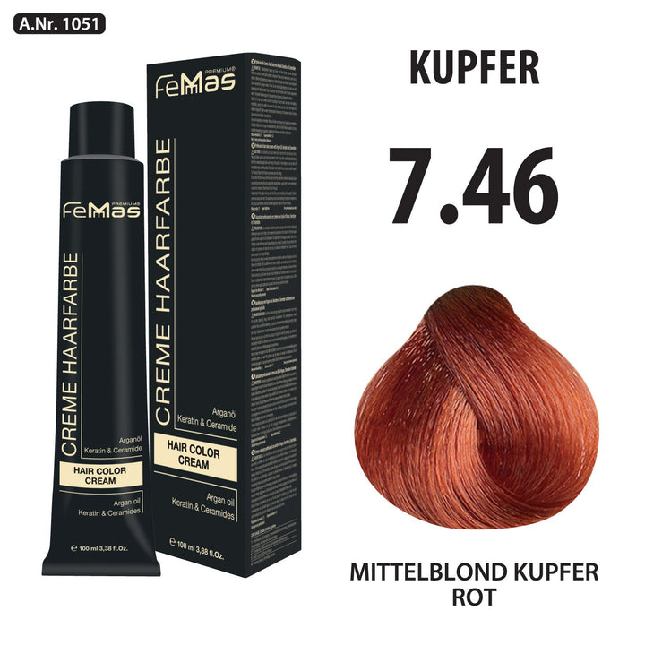 FemMas Haarfarbe 100 ml - Mittelblond Kupfer Rot (Farbcode: 7.46)