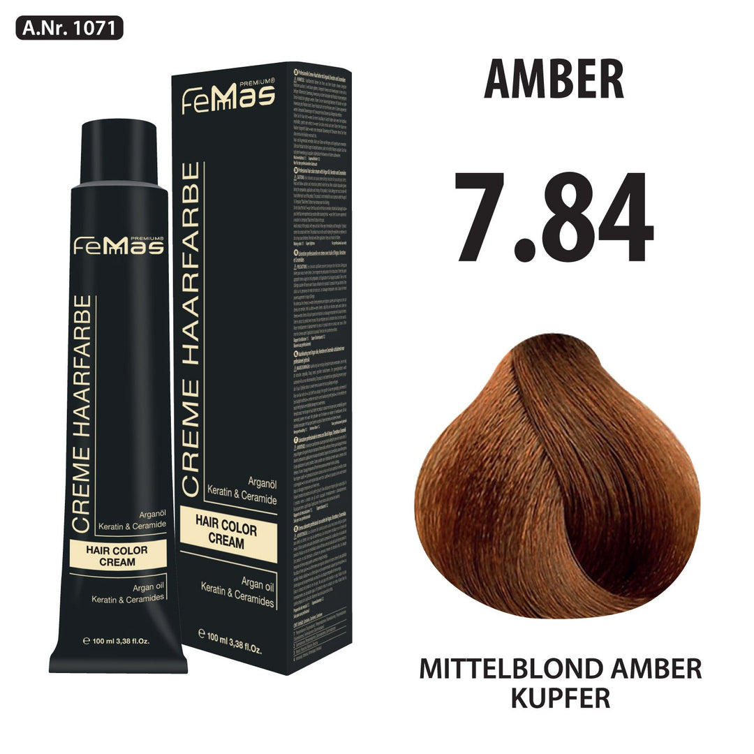 FemMas Haarfarbe 100 ml - Mittelblond Amber Kupfer (Farbcode: 7.84)