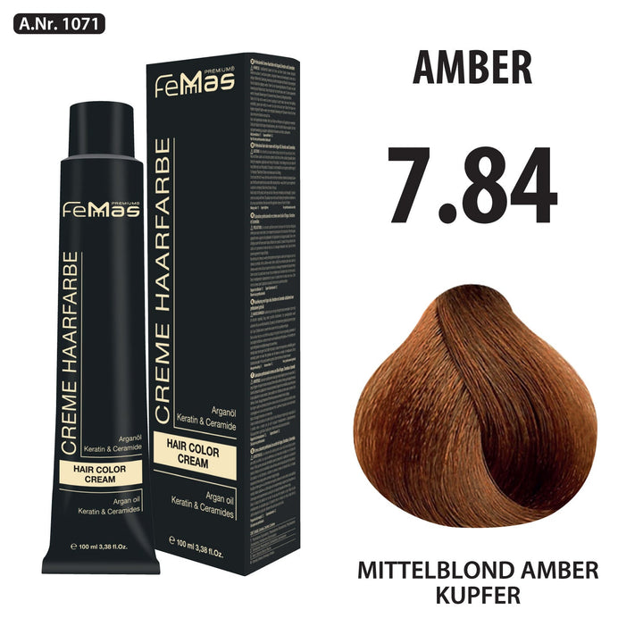 FemMas Haarfarbe 100 ml - Mittelblond Amber Kupfer (Farbcode: 7.84)