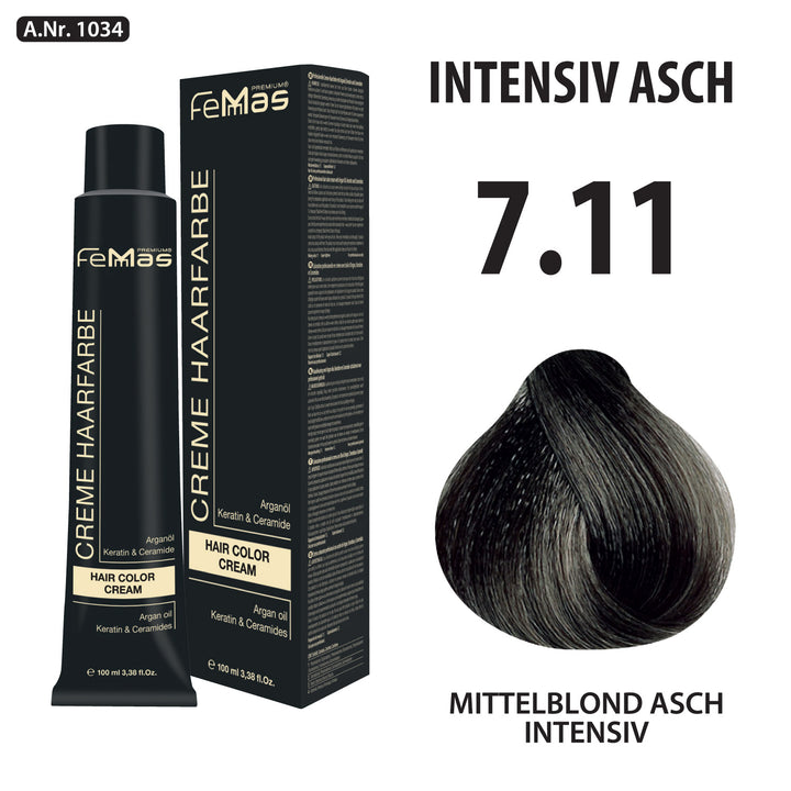 FemMas Haarfarbe 100 ml - Mittelblond Asch Intensive (Farbcode: 7.11)